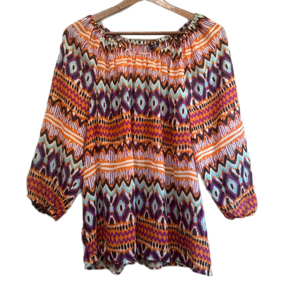 Daisy Fuentes Blouse Womens XL Orange Purple Ikat Peasant Top Excellent Boho